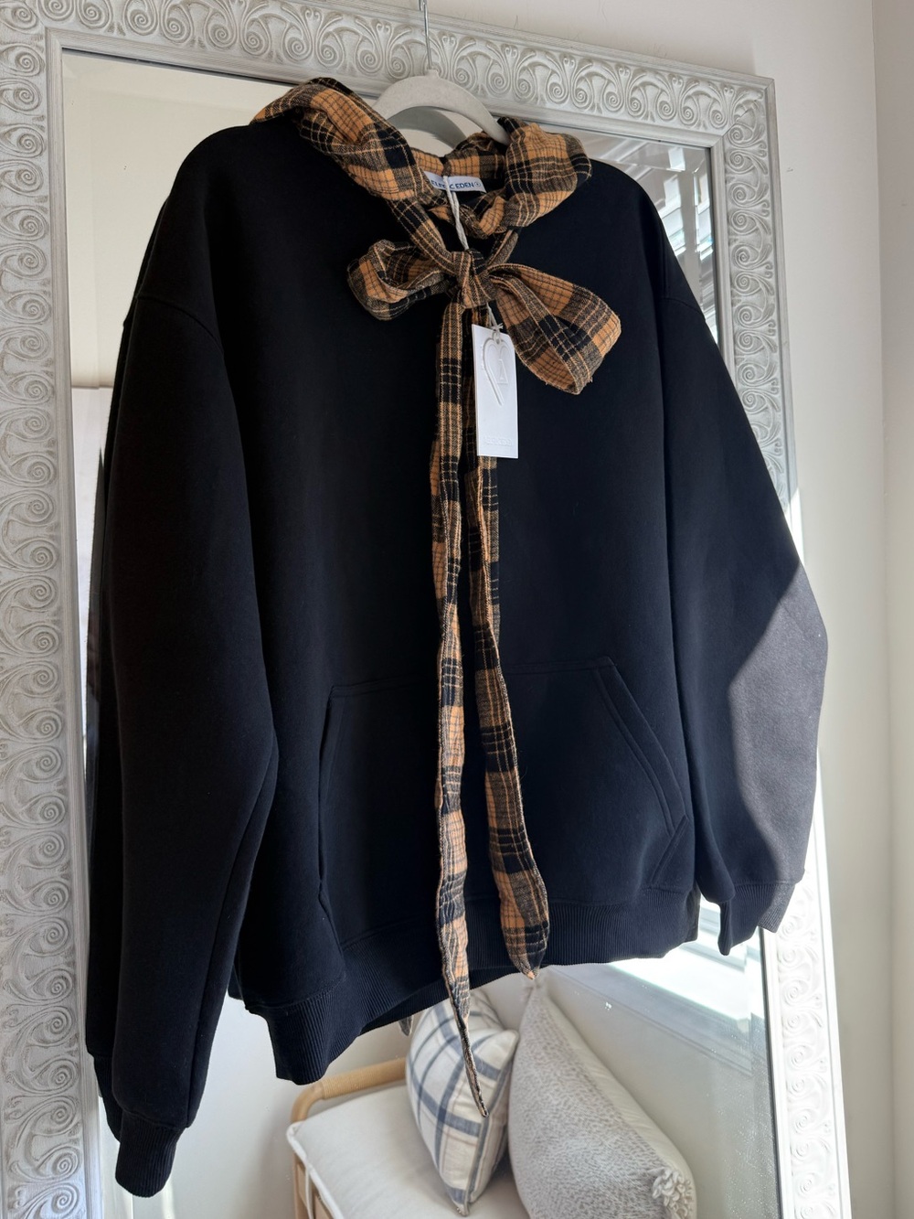 NWT Aelfric Eden Plaid Bow Pullover Hoodie Black Oversized Sweatshirt Small